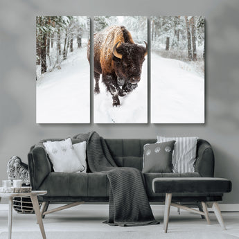10109-MGV-CV-36X24-Majestic Bison Winter Wall Art – Snowy Forest Buffalo Canvas Print, Rustic Wildlife Photography Decor for Cabin, Lodge, Living