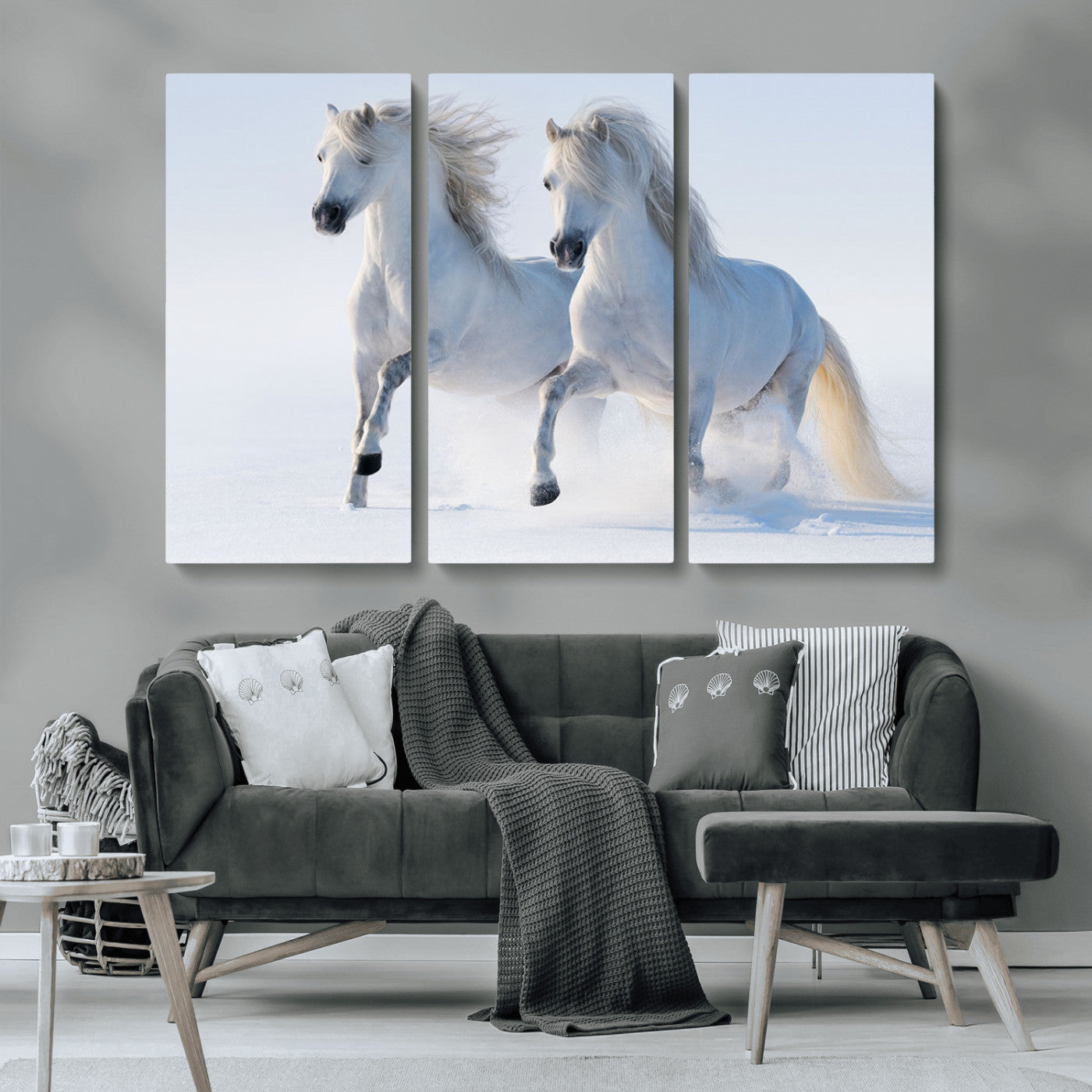 80145-MGV-CV-36X24-White Horses Running Snow Wall Art – Majestic Equine Canvas Print, Winter Nature Photography Decor for Living Room, Office,