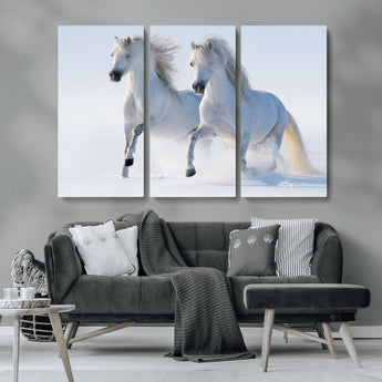 80145-MGV-CV-36X24-White Horses Running Snow Wall Art – Majestic Equine Canvas Print, Winter Nature Photography Decor for Living Room, Office,