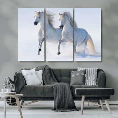80145-MGV-CV-36X24-White Horses Running Snow Wall Art – Majestic Equine Canvas Print, Winter Nature Photography Decor for Living Room, Office,