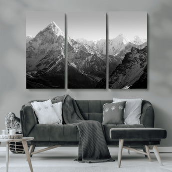 10775-MGV-CV-36X24-Snow Capped Mountain Wall Art – Black and White Canvas Print of Majestic Peaks, Nature Landscape Photography for Office, Bedroom,