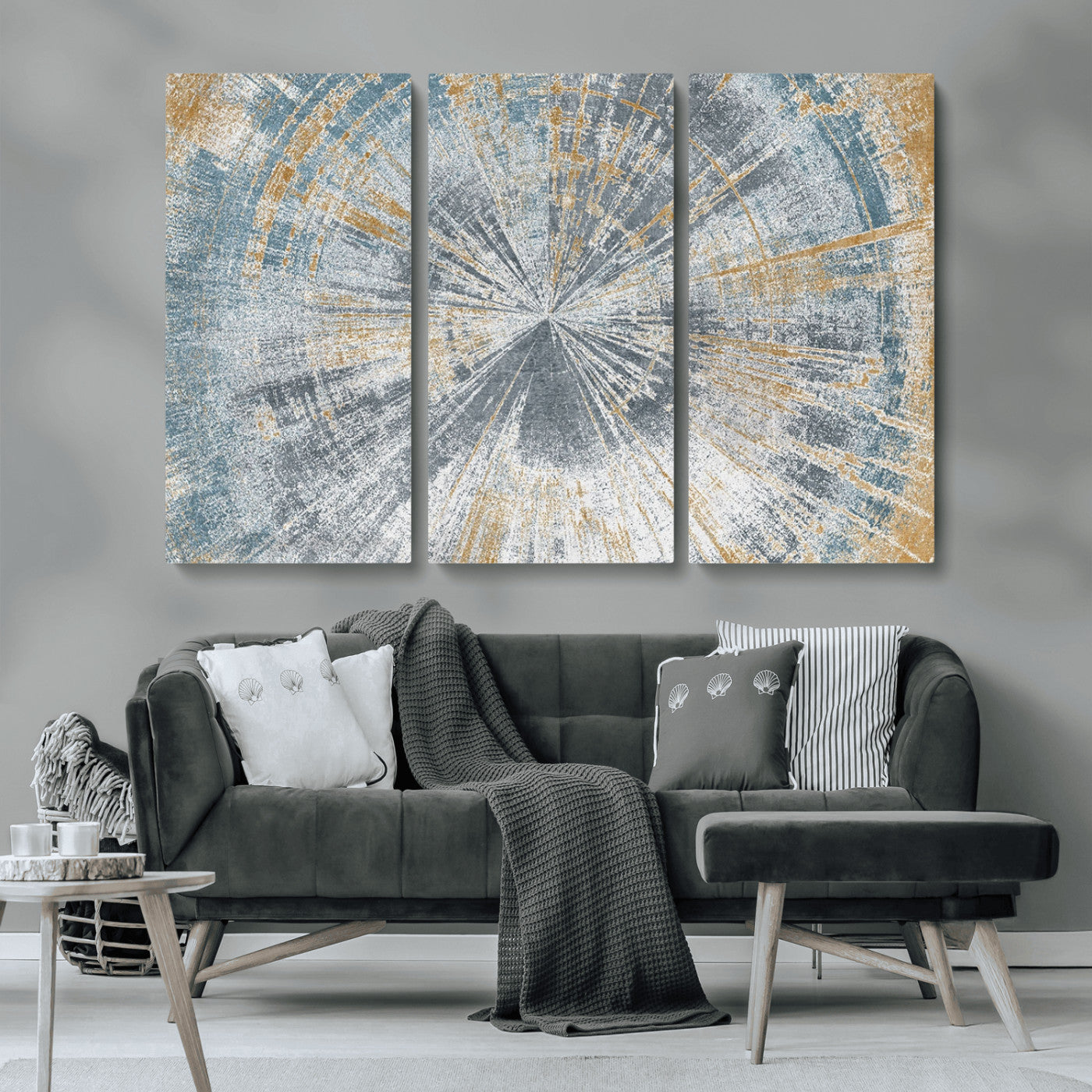 17631-MGV-CV-36X24-Radiant Burst Wall Art – Abstract Sunburst Canvas Print in Blue and Gold, Modern Geometric Painting for Living Room, Office or
