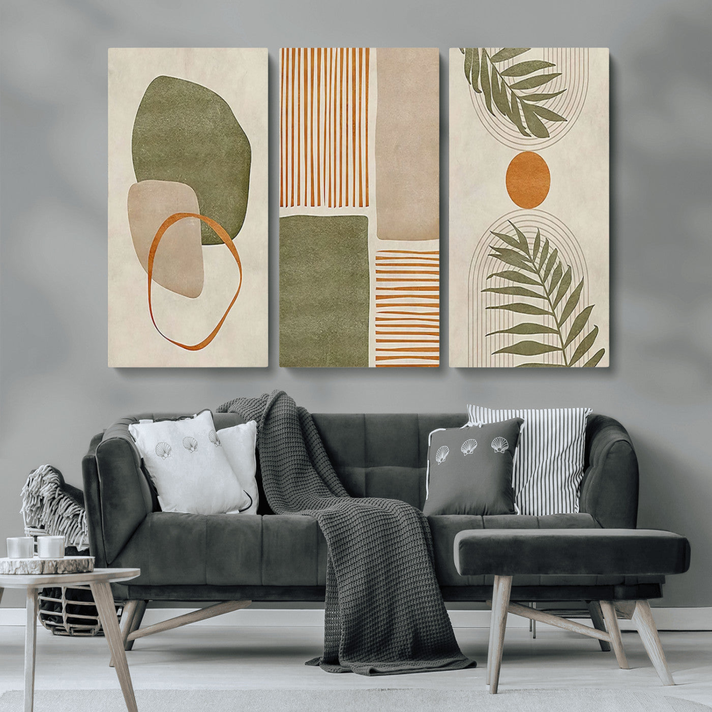 96002-MGV-CV-36X24-Abstract Geometric Wall Art – Modern Canvas Print with Green, Orange & Beige Shapes, Minimalist Home Decor for Living Room, Office