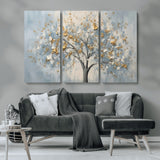 65811-MGV-CV-36X24-Abstract Tree Wall Art – Textured Canvas Painting with Gold and White Leaves, Modern Nature Inspired Decor for Living Room or