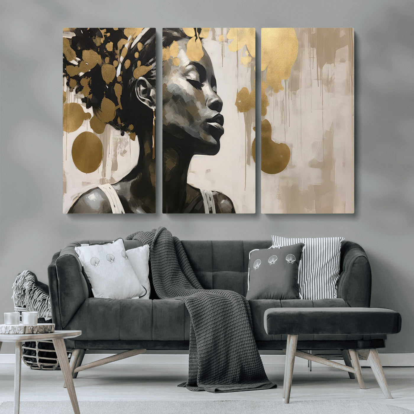 65669-MGV-CV-36X24-Elegant Black Woman Wall Art – Modern Abstract Portrait Canvas with Gold Accents, Contemporary Afrocentric Decor for Living Room