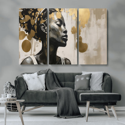 65669-MGV-CV-36X24-Elegant Black Woman Wall Art – Modern Abstract Portrait Canvas with Gold Accents, Contemporary Afrocentric Decor for Living Room