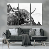 61570-MGV-CV-36X24-Highland Cow Wall Art – Black and White Scottish Bull Canvas Print, Rustic Farmhouse Animal Decor for Living Room, Bedroom, or