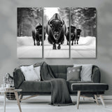 45287-MGV-CV-36X24-Bison Herd Wall Art – Black and White Buffalo Snow Road Canvas Print, Rustic Wildlife Decor for Cabin, Lodge or Living Room
