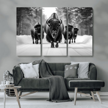 45287-MGV-CV-36X24-Bison Herd Wall Art – Black and White Buffalo Snow Road Canvas Print, Rustic Wildlife Decor for Cabin, Lodge or Living Room