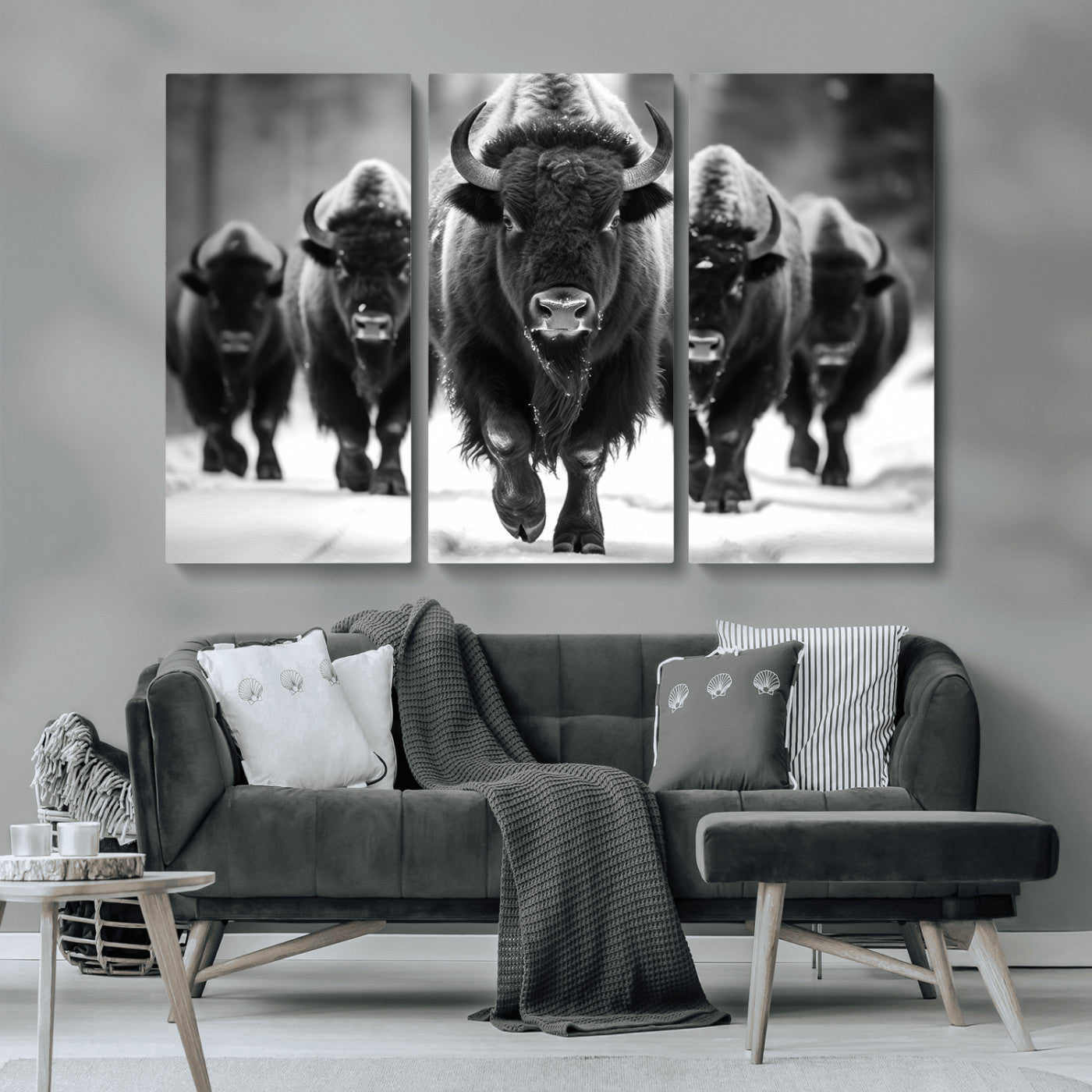79872-MGV-CV-36X24-Bison Herd Wall Art – Black and White Buffalo on Snow Canvas Print, Rustic Wildlife Decor for Lodge, Cabin, or Living Room