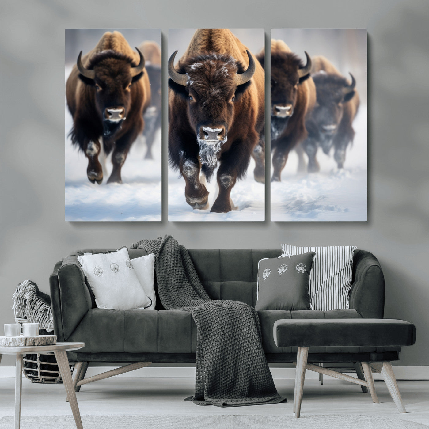 80512-MGV-CV-36X24-Bison Herd Wall Art – Buffalo Running in Snow Canvas Print, Rustic Wildlife Photography Decor for Cabin, Lodge, or Living Room