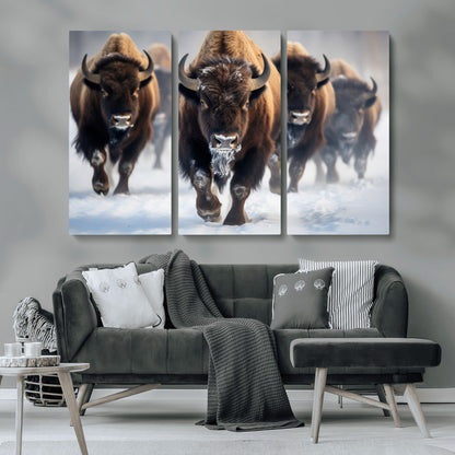 80512-MGV-CV-36X24-Bison Herd Wall Art – Buffalo Running in Snow Canvas Print, Rustic Wildlife Photography Decor for Cabin, Lodge, or Living Room