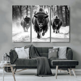 97552-MGV-CV-36X24-Black and White Bison Wall Art – Buffalo Herd Running in Snow Canvas Print, Rustic Wildlife Photography Decor for Cabin, Lodge, or