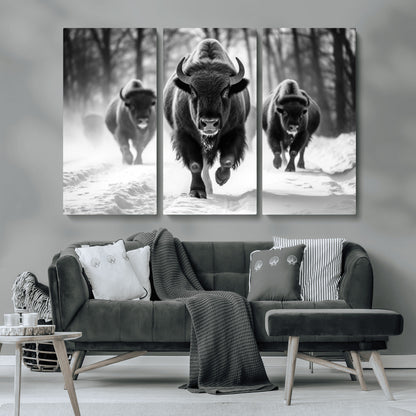 97552-MGV-CV-36X24-Black and White Bison Wall Art – Buffalo Herd Running in Snow Canvas Print, Rustic Wildlife Photography Decor for Cabin, Lodge, or