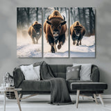 56549-MGV-CV-36X24-Wild Bison Wall Art – Majestic Buffalo Herd Running in Snow Canvas Print, Rustic Wildlife Photography Decor for Cabin, Lodge, or