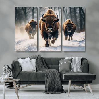 56549-MGV-CV-36X24-Wild Bison Wall Art – Majestic Buffalo Herd Running in Snow Canvas Print, Rustic Wildlife Photography Decor for Cabin, Lodge, or