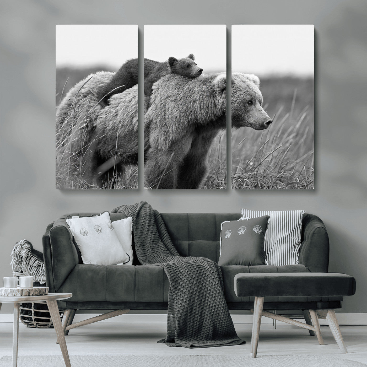 76338-MGV-CV-36X24-Mother Bear and Cub Wall Art – Black and White Wildlife Canvas Print, Rustic Nature Photography for Cabin, Living Room or Office