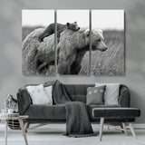 76338-MGV-CV-36X24-Mother Bear and Cub Wall Art – Black and White Wildlife Canvas Print, Rustic Nature Photography for Cabin, Living Room or Office