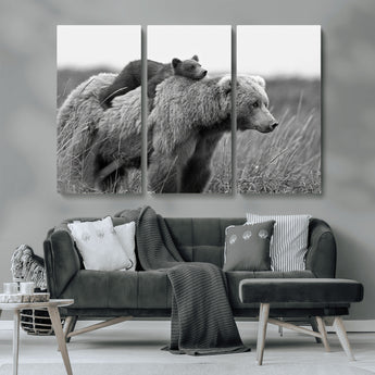 76338-MGV-CV-36X24-Mother Bear and Cub Wall Art – Black and White Wildlife Canvas Print, Rustic Nature Photography for Cabin, Living Room or Office