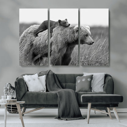 76338-MGV-CV-36X24-Mother Bear and Cub Wall Art – Black and White Wildlife Canvas Print, Rustic Nature Photography for Cabin, Living Room or Office