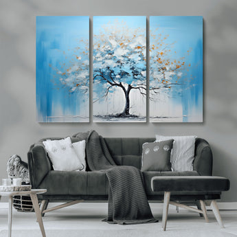 25021-MGV-CV-36X24-Abstract Tree Wall Art – Blue and White Canvas Painting with Gold Accents, Modern Nature-Inspired Artwork for Living Room, Bedroom