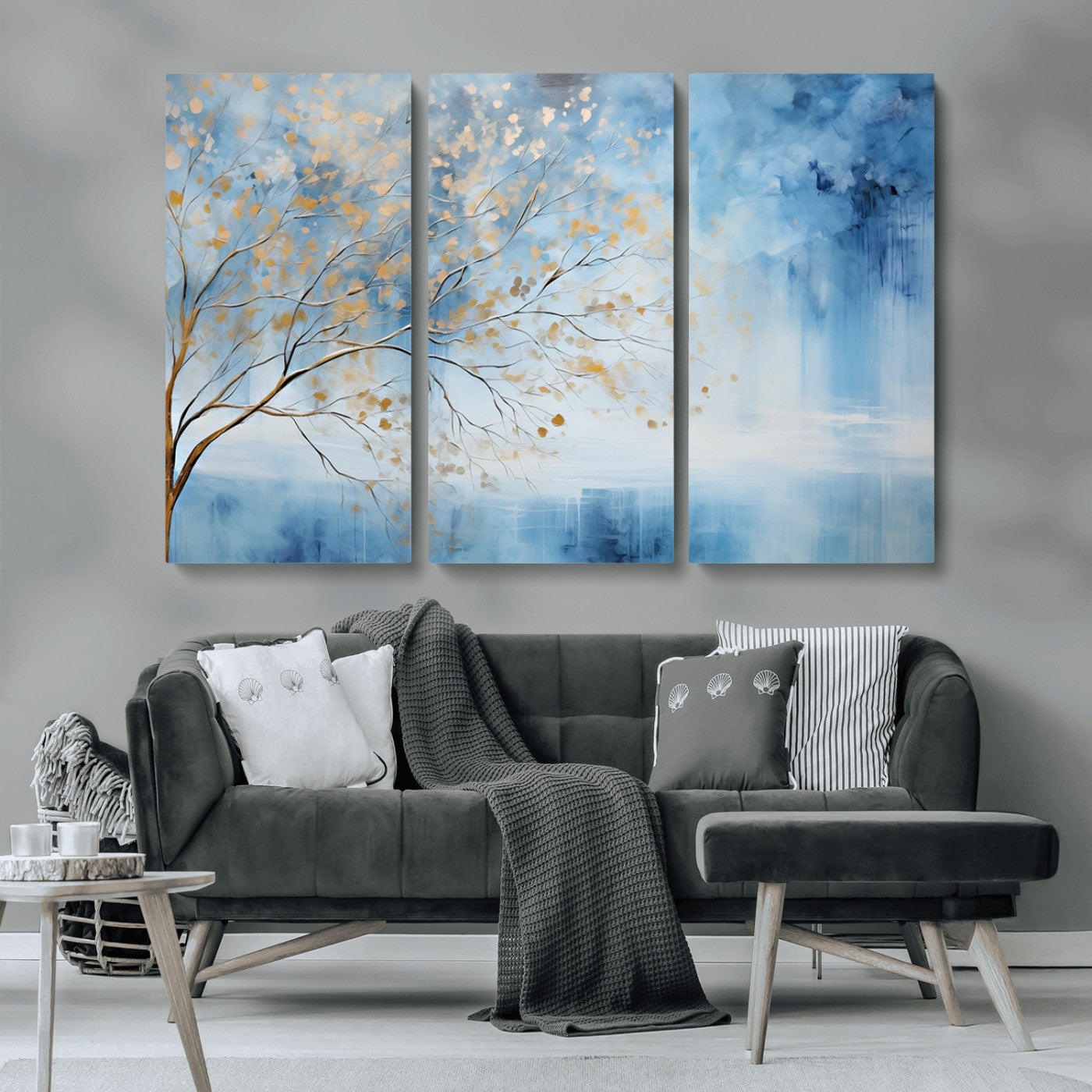 23891-MGV-CV-36X24-Abstract Tree Wall Art – Minimalist Blue and Gold Canvas Painting, Elegant Nature-Inspired Artwork for Living Room, Bedroom or