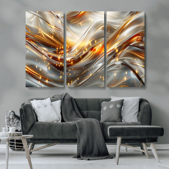 Lines1-MGV-CV-36X24-Abstract Metallic Wall Art – Silver and Gold Wave Canvas Print with Sparkling Accents, Modern Luxury Decor for Living Room, Office
