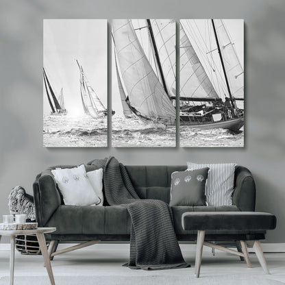 Boat-1-MGV-CV-36X24-Sailboat Racing Wall Art – Nautical Black and White Canvas Print, Ocean Adventure Decor for Office, Living Room or Bedroom