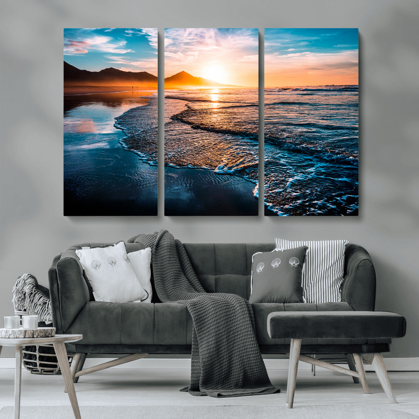 26494-MGV-CV-36X24-Ocean Sunset Wall Art – Scenic Beach Canvas Print with Waves and Mountains, Coastal Seascape Photography for Living Room, Bedroom