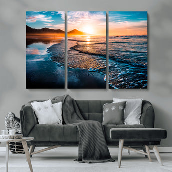 26494-MGV-CV-36X24-Ocean Sunset Wall Art – Scenic Beach Canvas Print with Waves and Mountains, Coastal Seascape Photography for Living Room, Bedroom