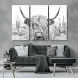 94579-MGV-CV-36X24-Highland Cow Wall Art – Black and White Longhorn Canvas Print, Rustic Western Farmhouse Animal Photography for Living Room,