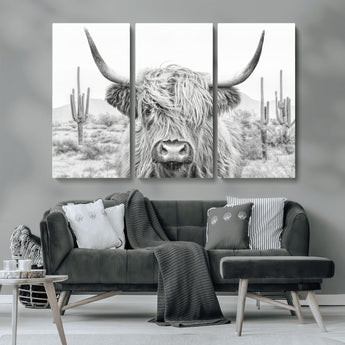 94579-MGV-CV-36X24-Highland Cow Wall Art – Black and White Longhorn Canvas Print, Rustic Western Farmhouse Animal Photography for Living Room,