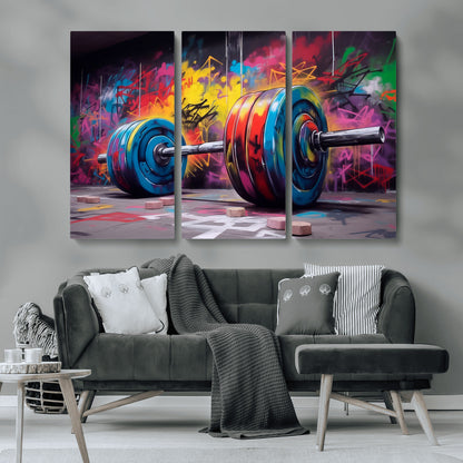 13549-MGV-CV-36X24-Graffiti Gym Wall Art Canvas Print, Framed Graffiti Barbell Art Picture Print, Weightlifting Perfect Fitness Studio Decor Artwork