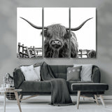 58188-MGV-CV-36X24-Highland Cow Wall Art – Black and White Rustic Farmhouse Canvas Print, Longhorn Cattle Photography Decor for Living Room or
