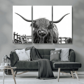 58188-MGV-CV-36X24-Highland Cow Wall Art – Black and White Rustic Farmhouse Canvas Print, Longhorn Cattle Photography Decor for Living Room or