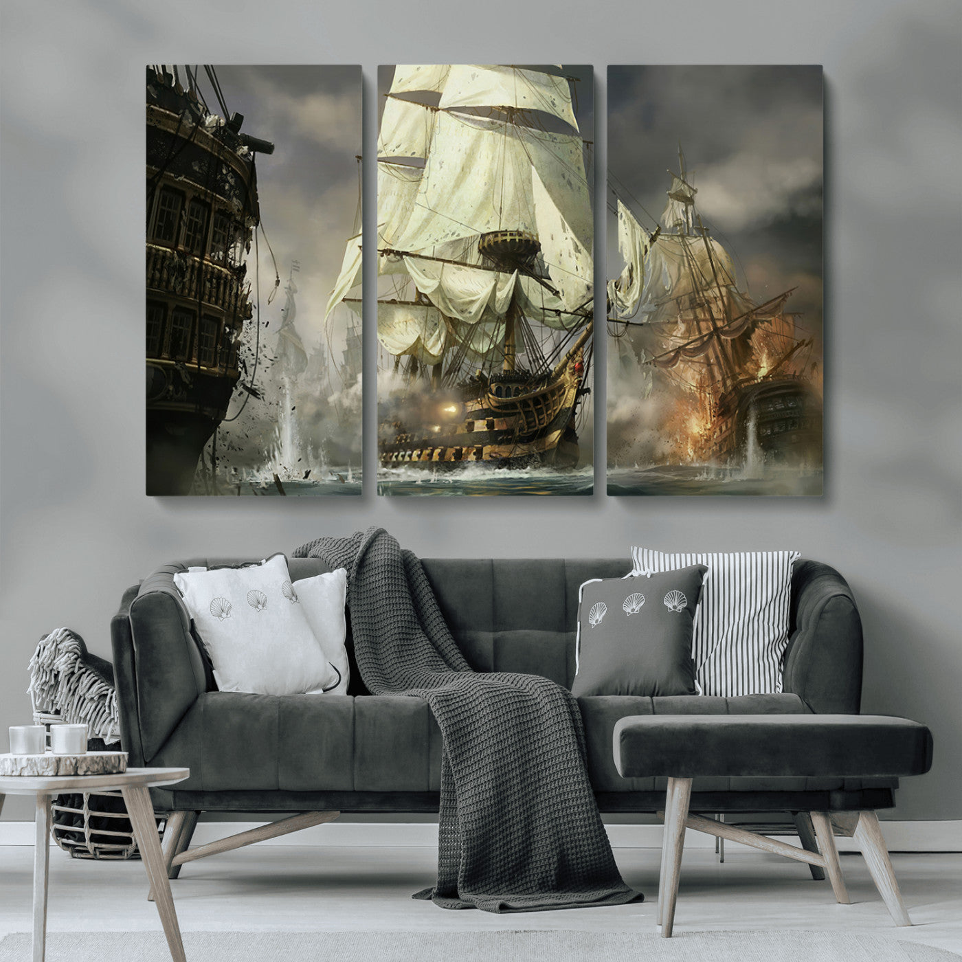 26512-MGV-CV-36X24-Naval Battle Wall Art – Dramatic Tall Ship Canvas Print, Historic Pirate Sailing War Scene, Nautical Decor for Office, Study or