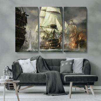 26512-MGV-CV-36X24-Naval Battle Wall Art – Dramatic Tall Ship Canvas Print, Historic Pirate Sailing War Scene, Nautical Decor for Office, Study or