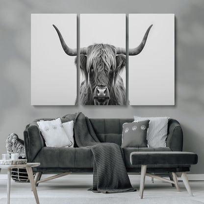 35820-MGV-CV-36X24-Minimalist Highland Cow Wall Art – Black and White Longhorn Cattle Canvas Print, Modern Farmhouse Animal Photography Decor for