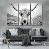 80564-MGV-CV-36X24-Highland Cow Wall Art – Black and White Scottish Highland Canvas Print, Rustic Farmhouse Decor for Living Room, Bedroom or Office
