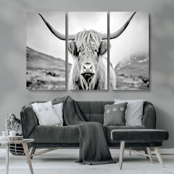 80564-MGV-CV-36X24-Highland Cow Wall Art – Black and White Scottish Highland Canvas Print, Rustic Farmhouse Decor for Living Room, Bedroom or Office