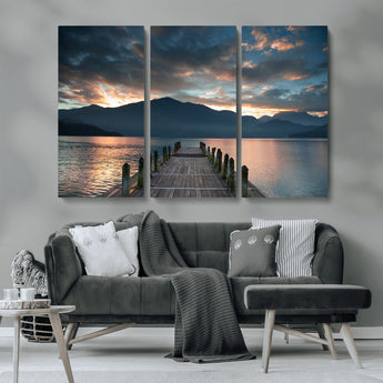 20442-MGV-CV-36X24-Lakeside Sunset Dock Wall Art – Peaceful Mountain Lake Canvas Print, Serene Nature Landscape Decor for Living Room, Bedroom or