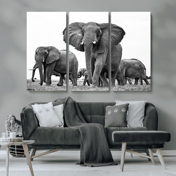 91685-MGV-CV-36X24-Elephant Herd Wall Art – Black and White Safari Canvas Print, African Wildlife Photography Decor for Living Room, Office or