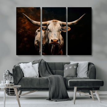 70522-MGV-CV-36X24-Longhorn Bull Wall Art – Striking Canvas Print of Majestic Bull, Premium Animal Decor for Home, Office, Man Cave, or Living Room
