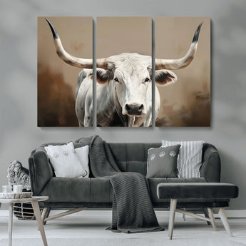61423-MGV-CV-48X32-3P-Longhorn Bull Wall Art – Rustic Western Texas Steer Canvas Print, Cowboy Farmhouse Decor for Living Room, Bedroom, Office or Ranch