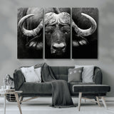 75273-MGV-CV-48X32-3P-Buffalo Wall Art – Black and White African Buffalo Canvas Print, Rustic Wildlife Animal Artwork for Farmhouse, Living Room,