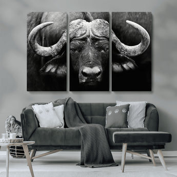 75273-MGV-CV-48X32-3P-Buffalo Wall Art – Black and White African Buffalo Canvas Print, Rustic Wildlife Animal Artwork for Farmhouse, Living Room,
