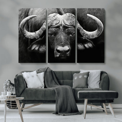 75273-MGV-CV-48X32-3P-Buffalo Wall Art – Black and White African Buffalo Canvas Print, Rustic Wildlife Animal Artwork for Farmhouse, Living Room,