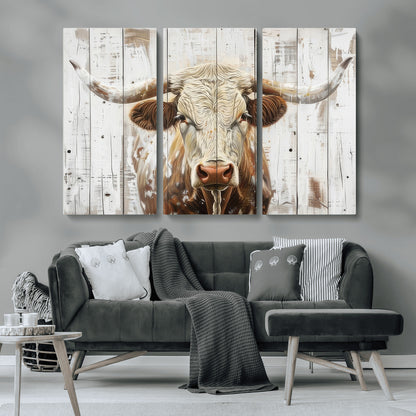 71551-MGV-CV-36X24-Longhorn Bull Wall Art – Rustic Western Cow Canvas Print, Farmhouse Animal Painting with Wood Plank Style for Living Room, Office