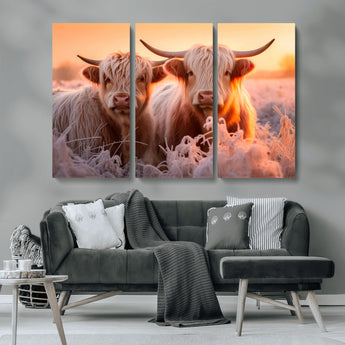 68253-MGV-CV-36X24-Highland Cow Wall Art – Rustic Farmhouse Cattle Canvas Print, Frosty Sunset Animal Artwork for Living Room, Bedroom or Country