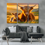 20567-MGV-CV-36X24-Highland Cow and Calf Wall Art – Rustic Farmhouse Sunset Cattle Canvas Print, Country Animal Artwork for Living Room, Bedroom, or